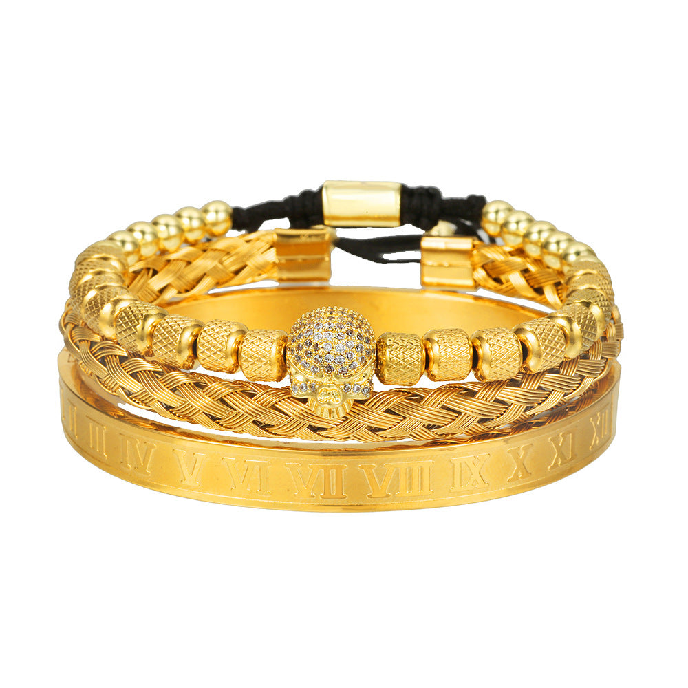 Wholesale Copper Micro-inlaid Zircon Double Leopard Head Black Onyx Woven Bracelet